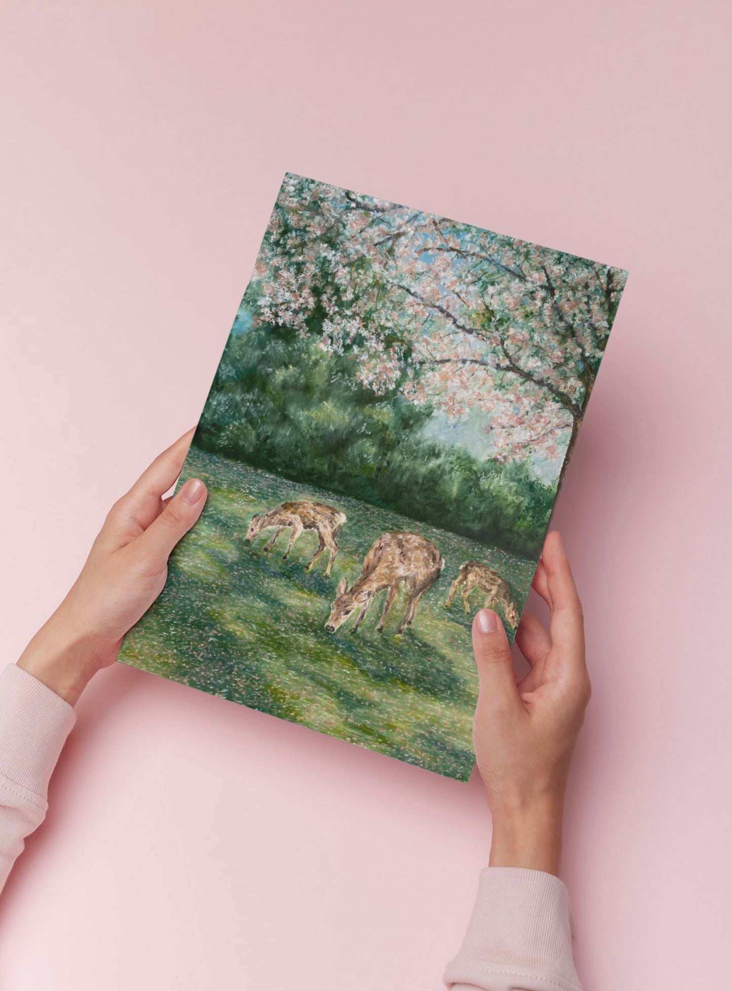 Deer Grazing Landscape Oil Pastel Print