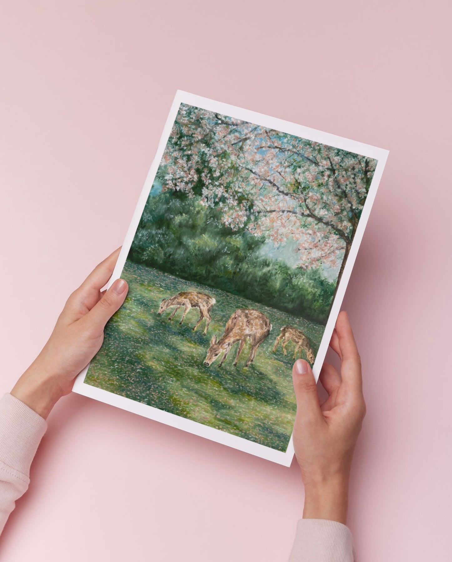 Deer Grazing Landscape Oil Pastel Print
