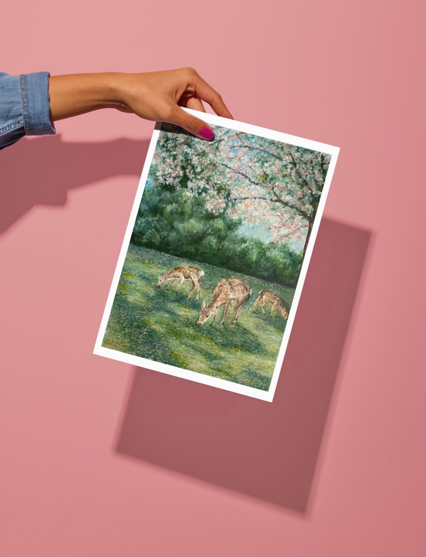 Deer Grazing Landscape Oil Pastel Print