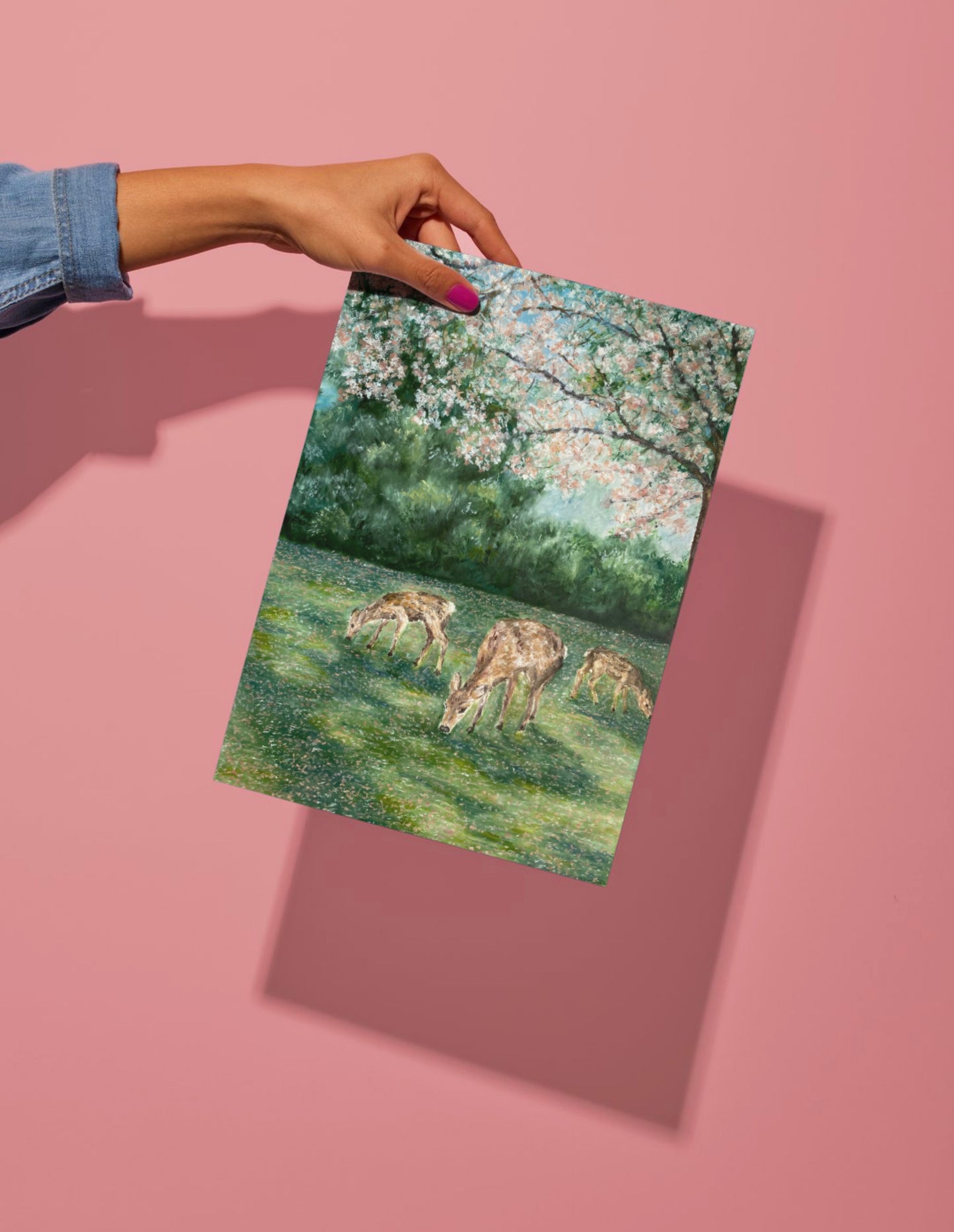 Deer Grazing Landscape Oil Pastel Print