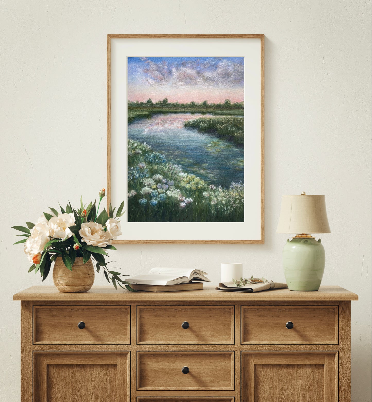 Sunset River Landscape Oil Pastel Print