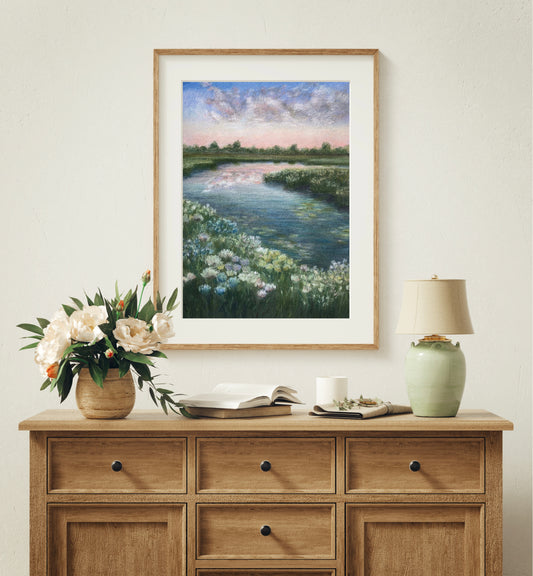 Sunset River Landscape Oil Pastel Print